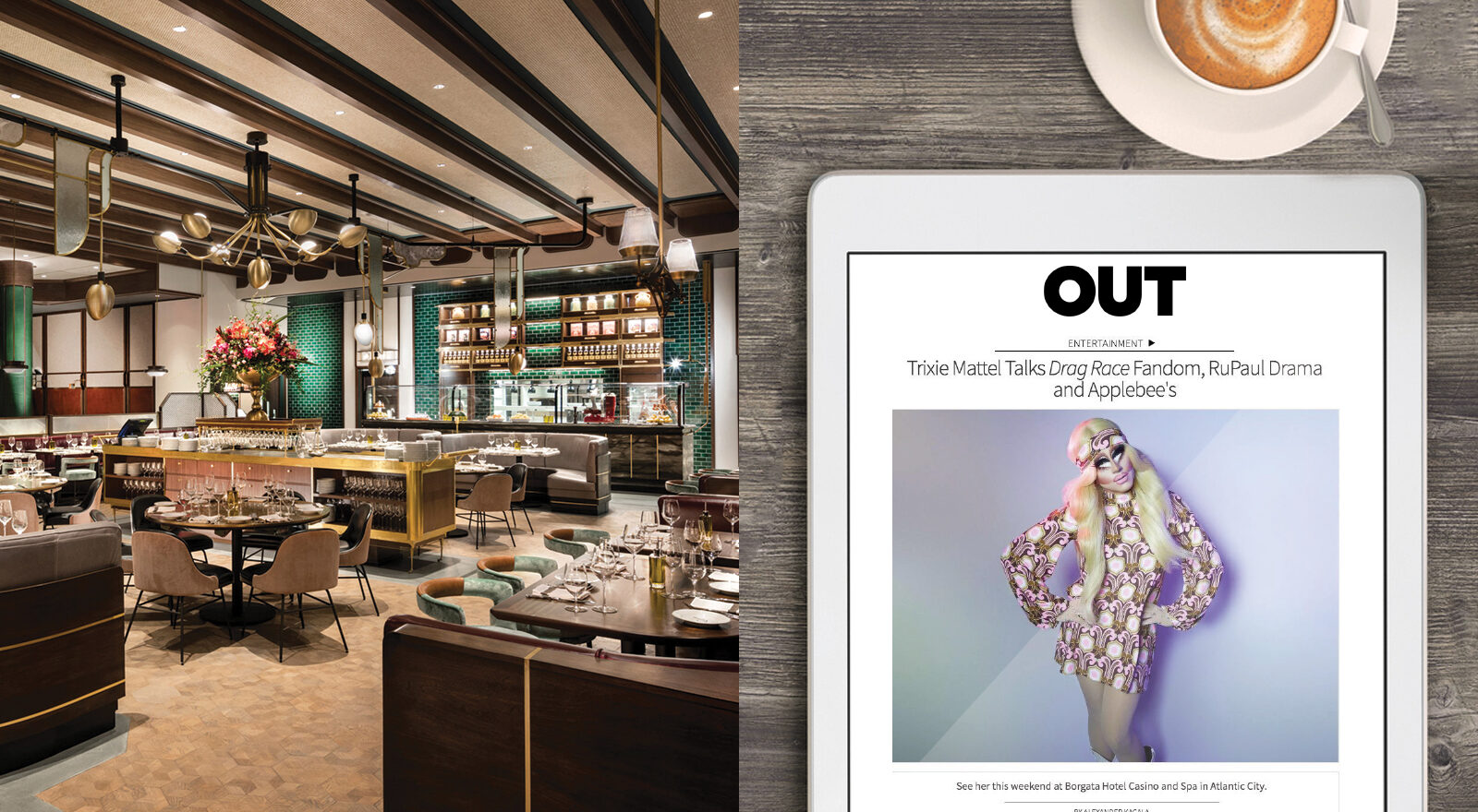 Split image of the interior of the Bortaga restaurant and a media placement in Out magazine