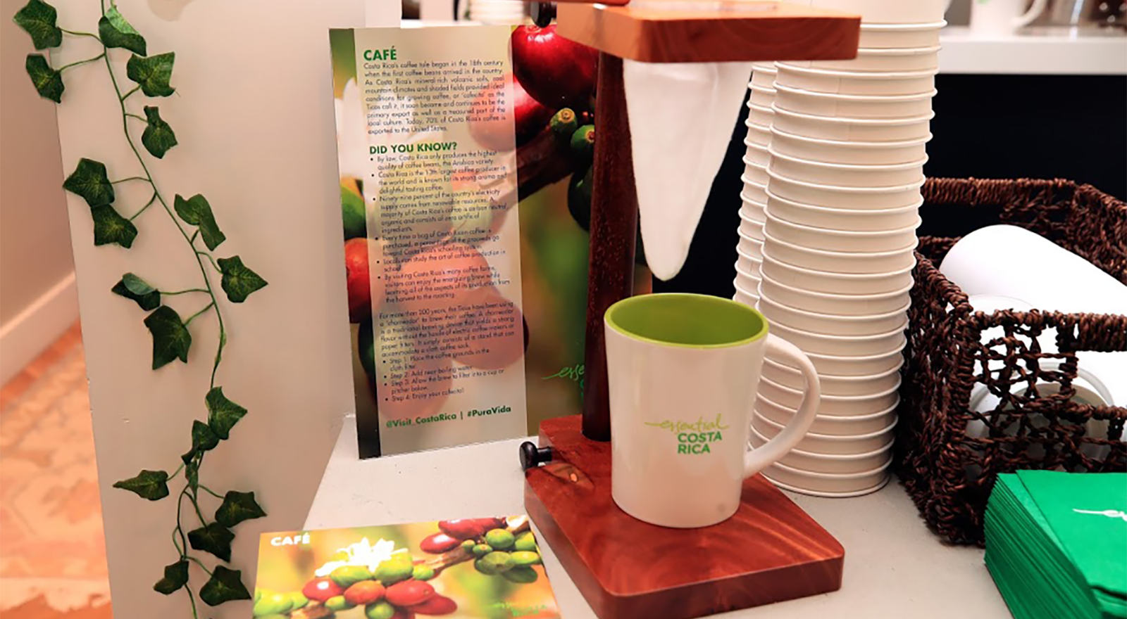 A cozy coffee station at an event branded with 'Wanderluxe, Essential Costa Rica' featuring a pour-over coffee setup, with informational pamphlets and a vibrant display of indoor plants enhancing the tropical theme.