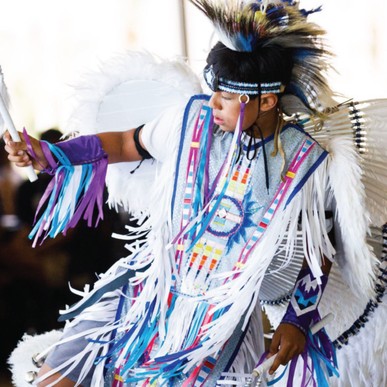 Native American dancer in traditional ceremonial attire with a feathered headdress and colorful ribbons.
