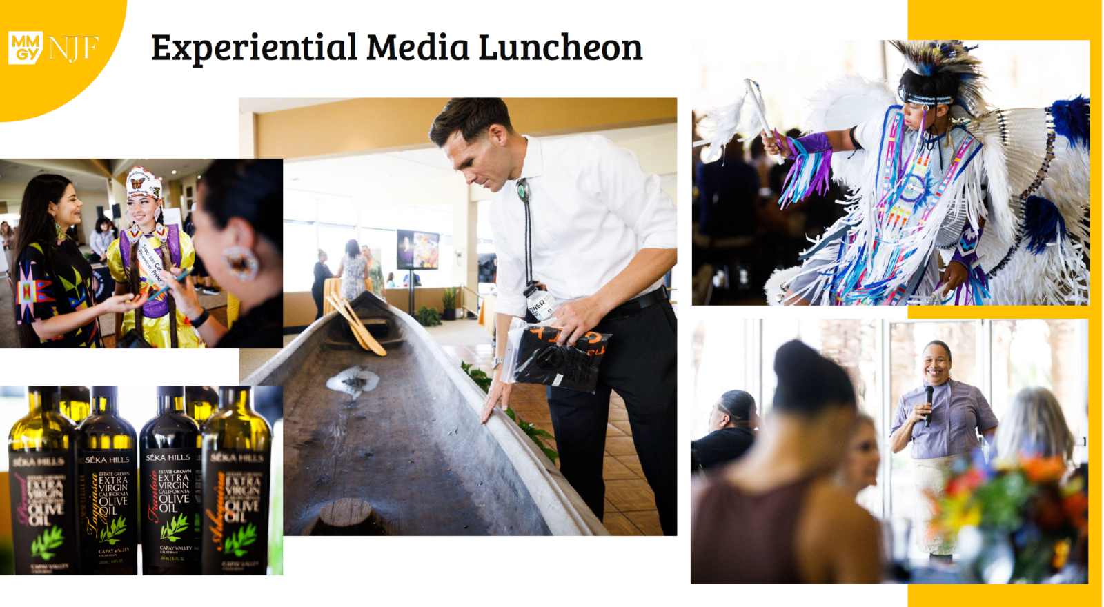 Collage from the Experiential Media Luncheon showcasing Native American culture with participants in traditional dress, a photographer at work, and native products like olive oil.