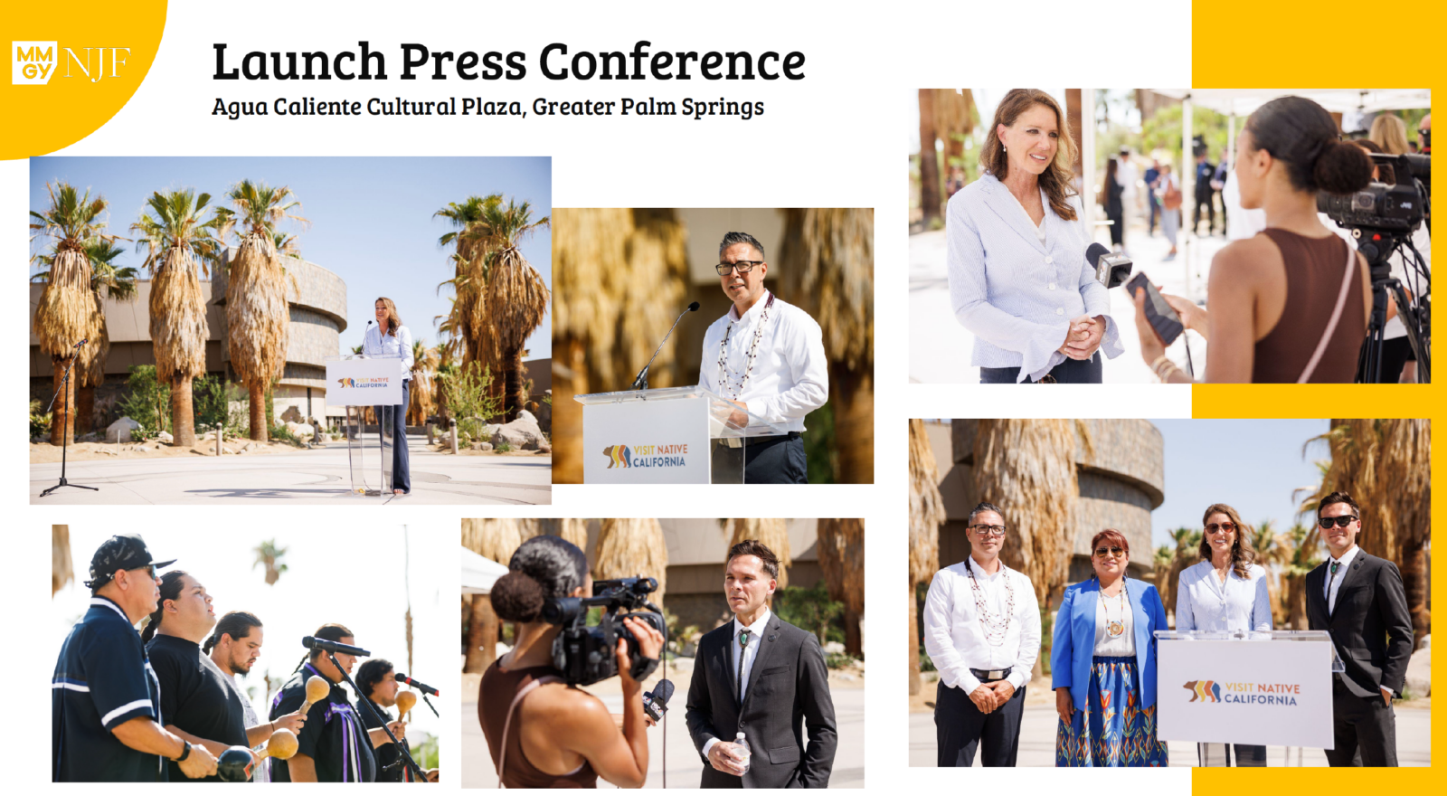 Photo collage from the Launch Press Conference at Agua Caliente Cultural Plaza, featuring speakers at podiums and interviews, set against a backdrop of iconic palm trees.