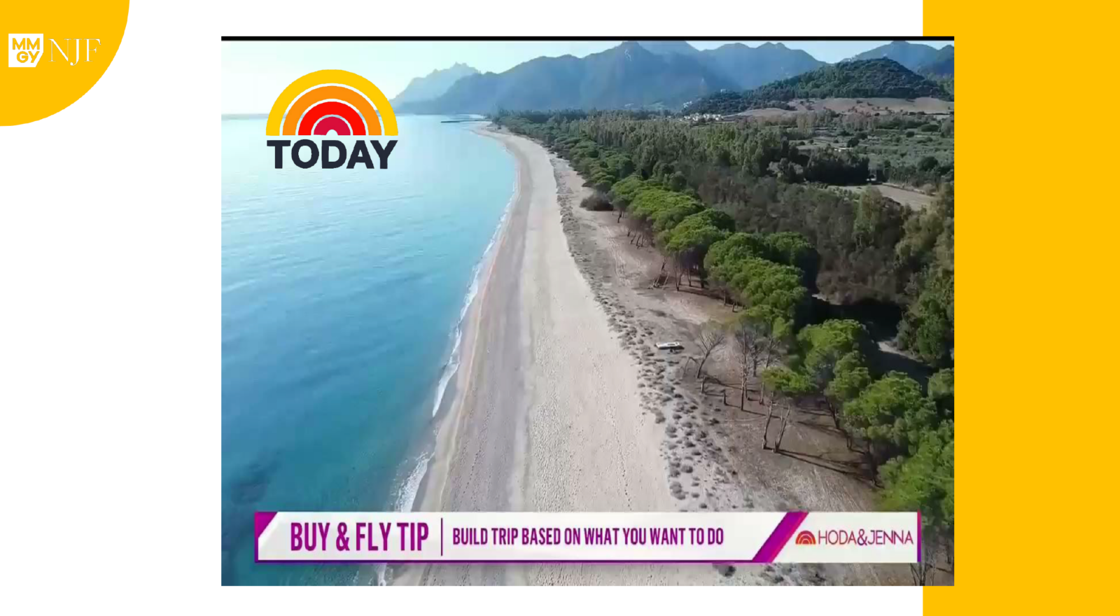 Screen capture from a 'Today Show' segment featuring a stunning aerial view of a beach with lush greenery, highlighting travel tips by Hoda & Jenna.