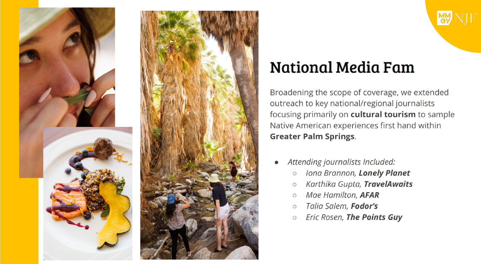 Collage highlighting a National Media Fam event focused on cultural tourism in Greater Palm Springs, featuring journalists exploring Native American experiences, with images of natural landscapes, gourmet cuisine, and a participant engaging with local flora.