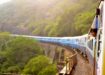 Person smiling, looking outside of a travel on tracks