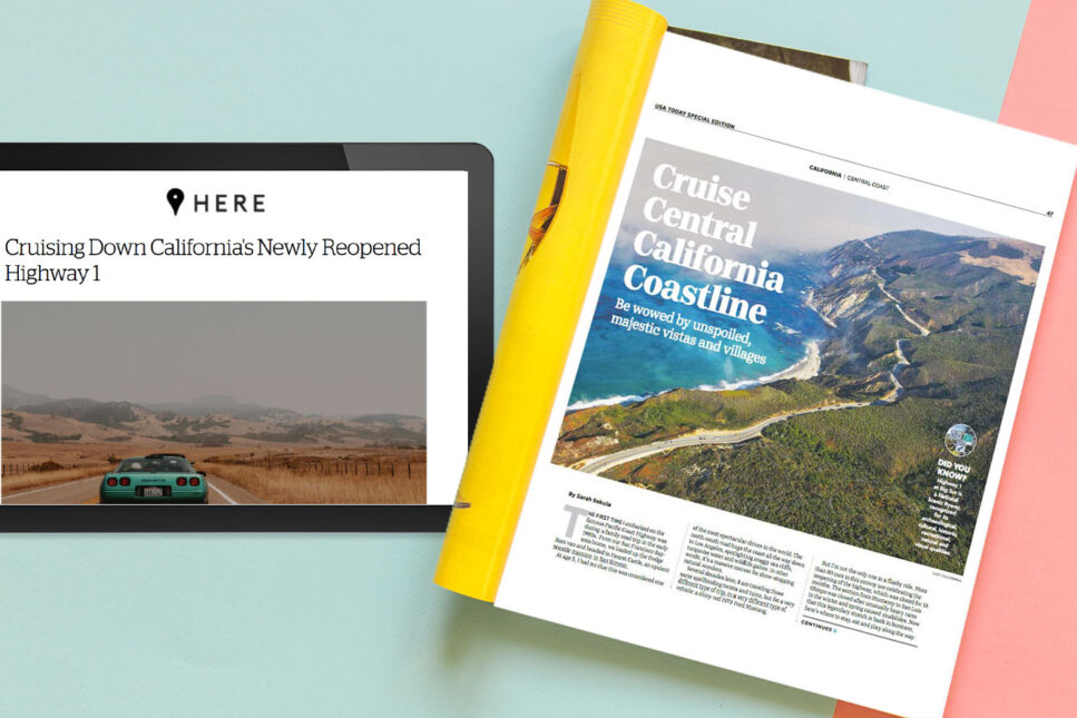 Media coverage showcasing California's Highway 1, including a magazine feature and a digital article on a laptop, highlighting the scenic and unspoiled Central California coastline.