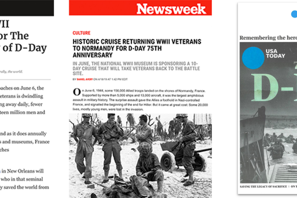 Compilation of media articles from Newsweek and USA Today commemorating the 75th anniversary of D-Day, highlighting historic events and honoring WWII veterans.